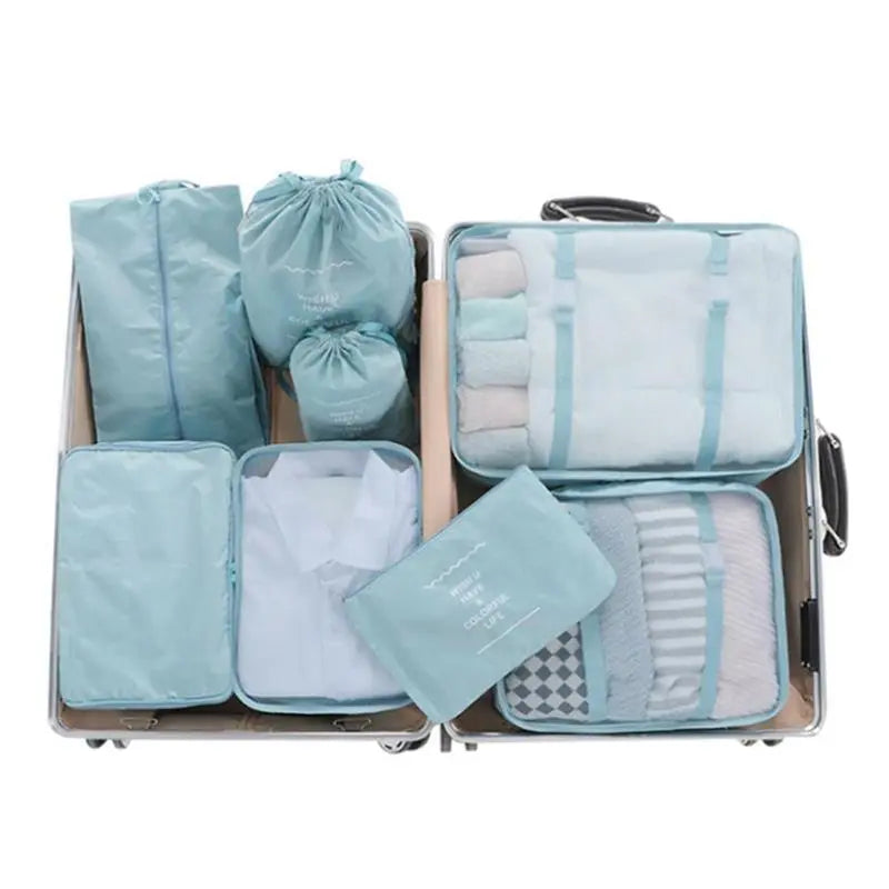 8-Piece Travel Storage Bag Set - Waterproof Luggage Clothes Sorting Bags in Black/Blue/Grey, Large Capacity