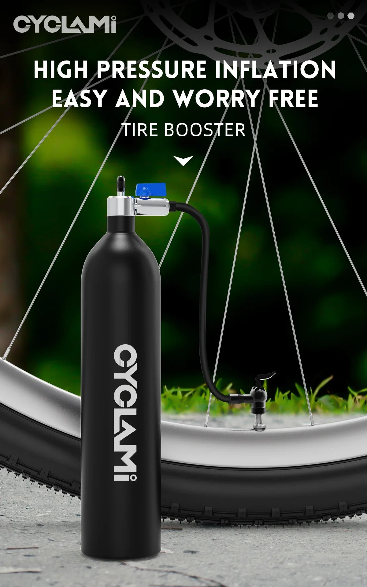 CYCLAMI 1.2L Aluminum Alloy MTB Road Tire Inflator – Valve Gas Cylinder for Tubeless 29" Bike Tires