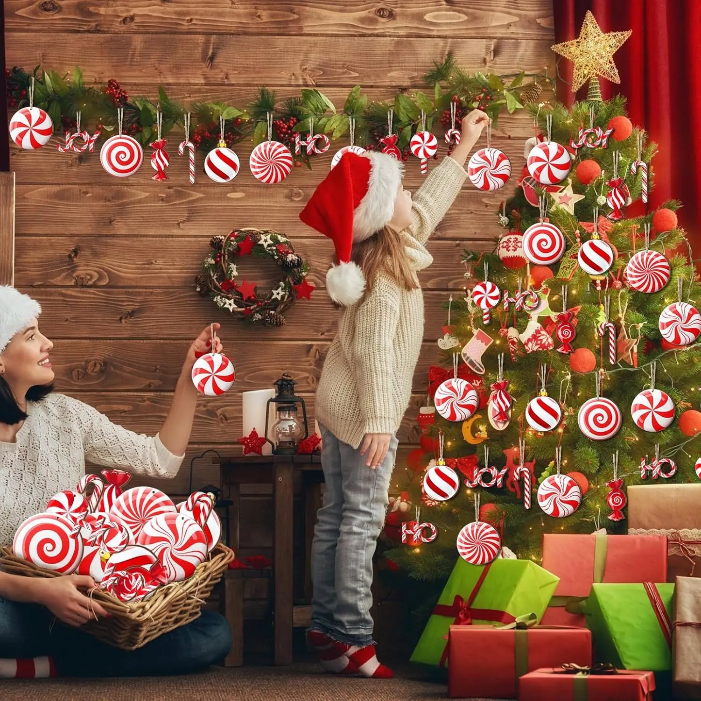 12PCS Wooden Christmas Candy Ornaments – Red & White Hanging Decorations for Tree, Home & New Year Party