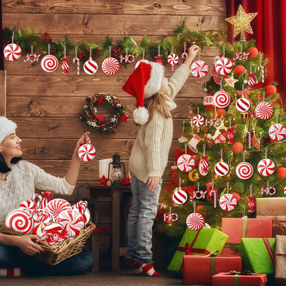 12PCS Wooden Christmas Candy Ornaments – Red & White Hanging Decorations for Tree, Home & New Year Party