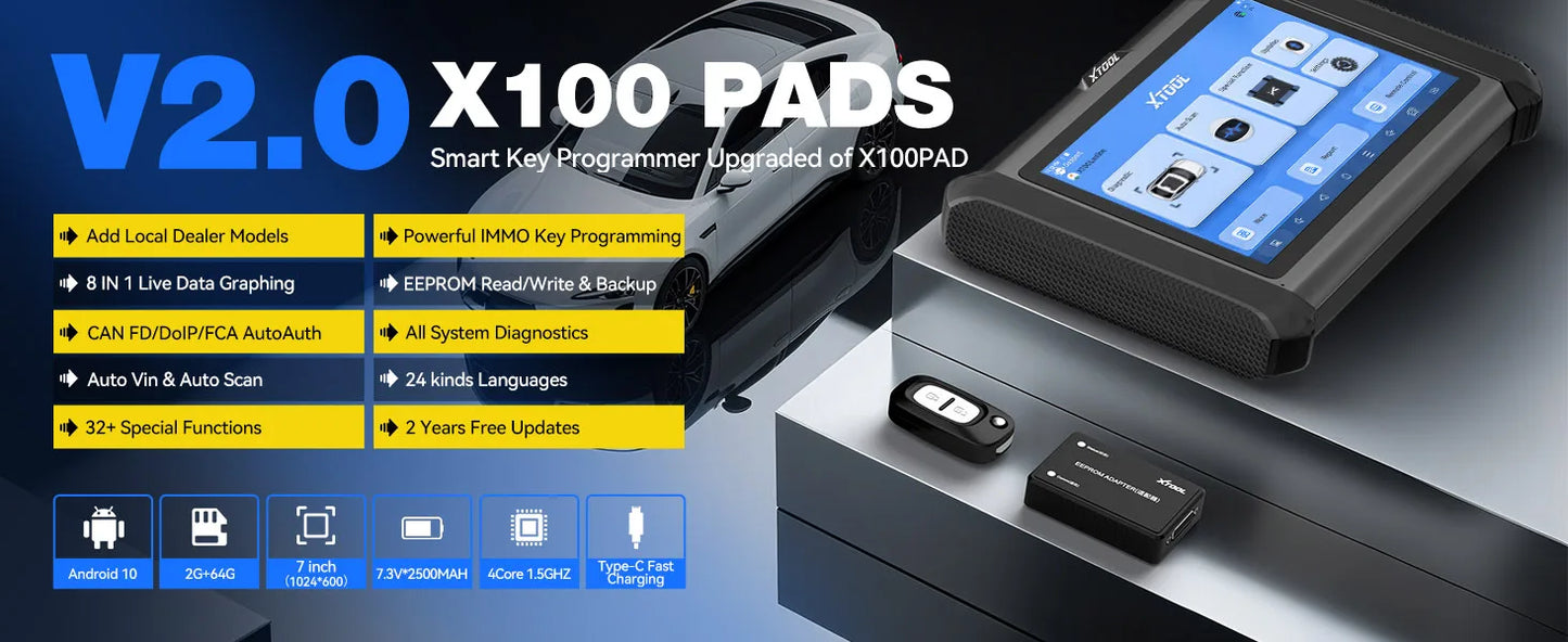 XTOOL X100 PADS Car Key Programmer & Generator – All-System PIN Code Reader, CANFD DOIP FCA V2.0 Automotive Diagnostic Scanner