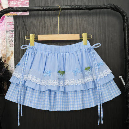 Japanese Kawaii Polka Dot Skirt - Y2K Bow Print Mini Skirt with Puffy Lolita Style