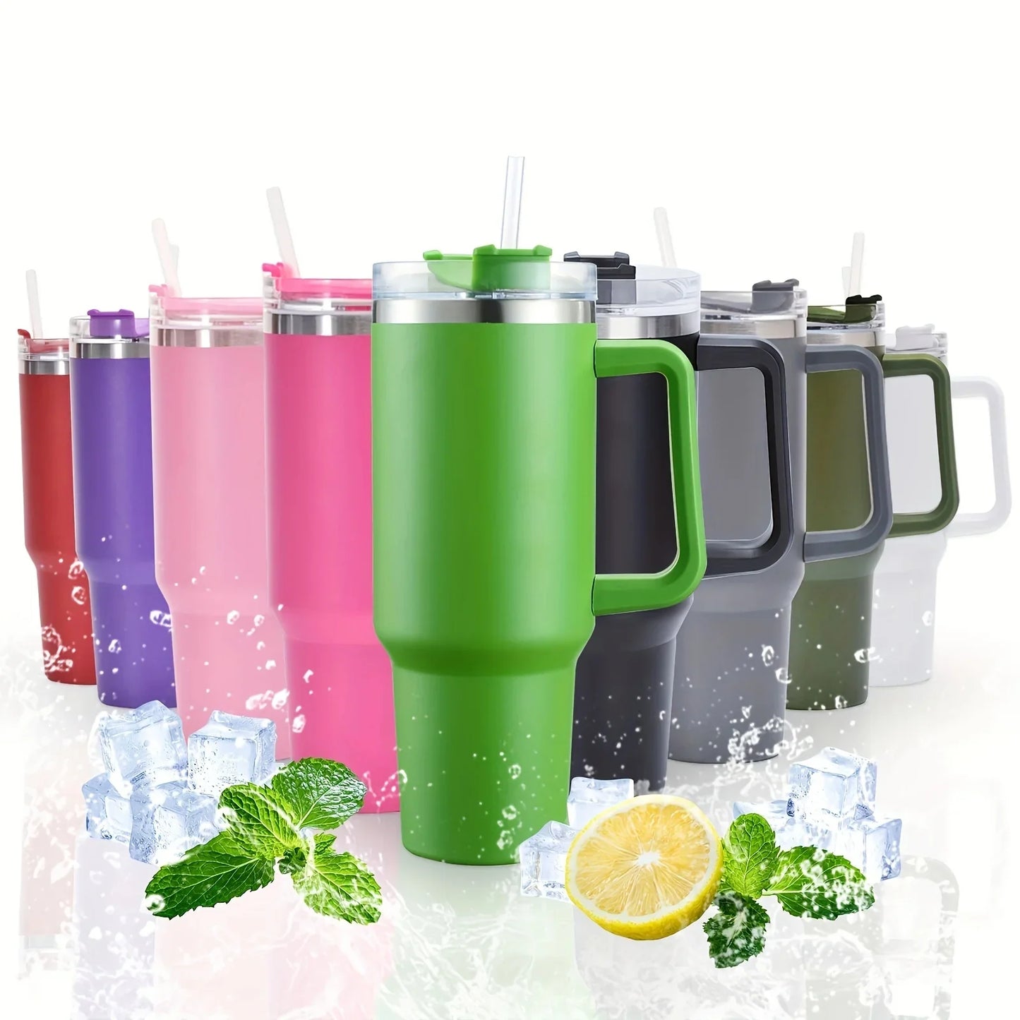40oz Stainless Steel Insulated Water Bottle with Handle – Cold-keeping Tumbler with Lid, Straw, and Mug for Summer Outdoor Activities