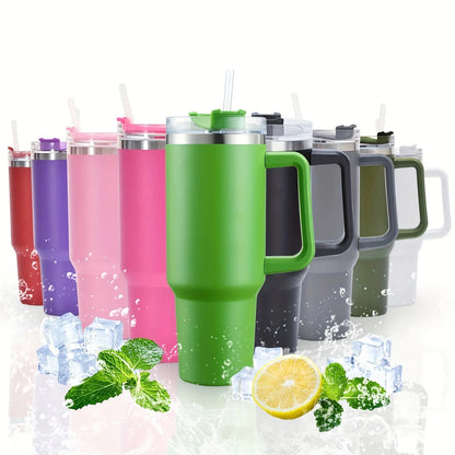 40oz Stainless Steel Insulated Water Bottle with Handle – Cold-keeping Tumbler with Lid, Straw, and Mug for Summer Outdoor Activities