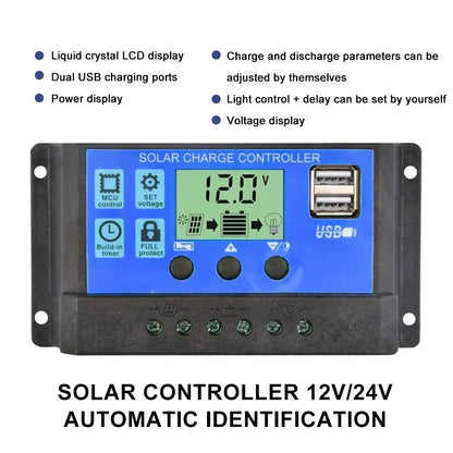 Solar Charge Controller with Dual USB - 12V/24V, 10A/20A/30A Auto LCD | Photovoltaic Panel PV Regulator & Load Discharger