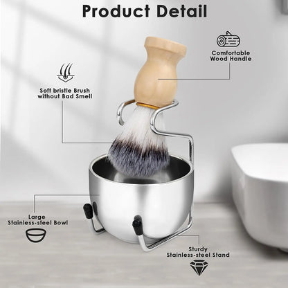 Men's Shaving Brush and Bowl Set - 3-in-1 Shaving Kit with Wood Handle Brush - Stainless Steel Shaving Bowl & Brush Stand