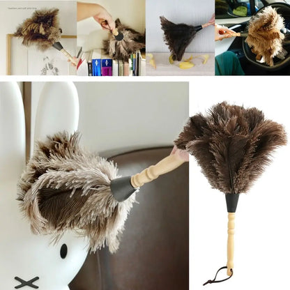 Ostrich Feather Dusting Brush – Wooden Handle Anti-Static Household & Car Cleaning Duster Tool