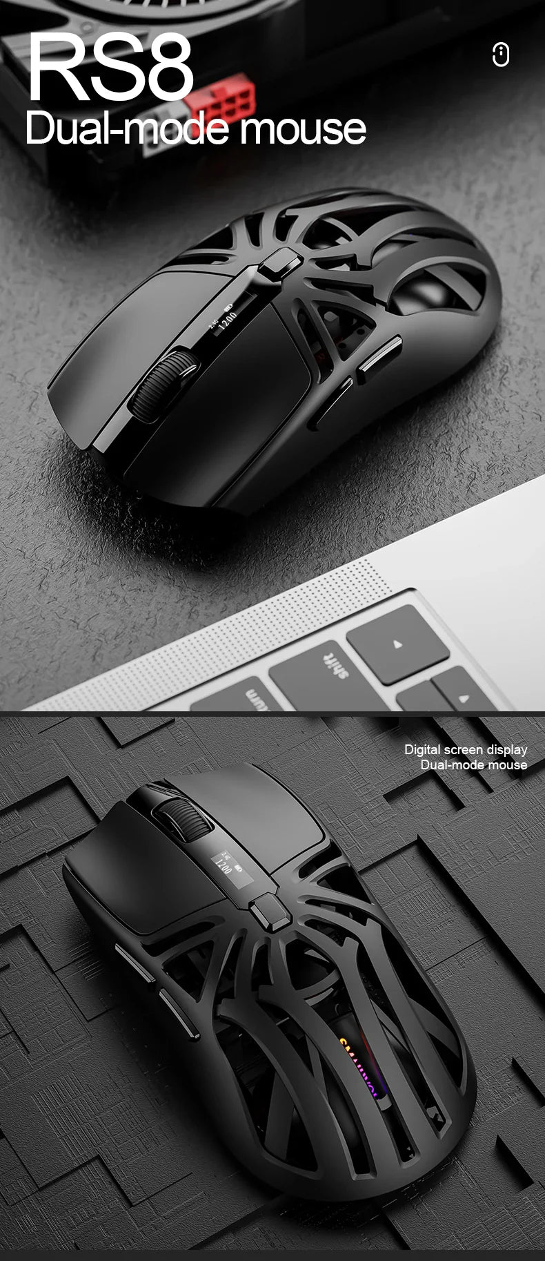 SmailWolf RS8 Wireless Gaming Mouse – Bluetooth & 2.4G, Lightweight E-Sports Mouse, 10,000 DPI, Triple Mode