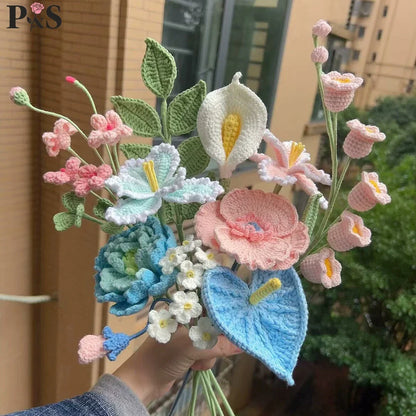 Handmade Crochet Flower Bouquet – Peony, Tulip & Rose Artificial Flowers for Wedding, Home Decor & Gift