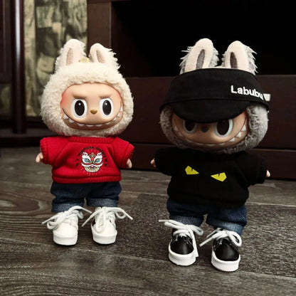 17cm Labubu Doll Clothes – Black Luxury Trendy Outfit with T-Shirt, Jeans & Shoes