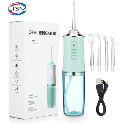 Portable USB Rechargeable Oral Irrigator: Dental Water Flosser with 4 Jet Tips, 3 Modes, IPX7, 1400rpm