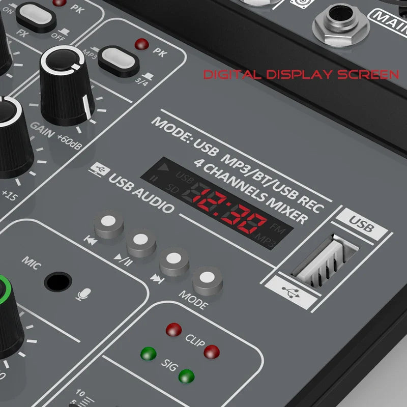 4-Channel Audio Mixer — USB Studio Mixer with 48V Phantom Power & Bluetooth for DJ & Karaoke
