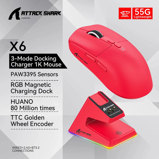 Attack Shark X6 PAW3395 Bluetooth Gaming Mouse — Tri-Mode Connection with RGB Touch, Magnetic Charging Base & Macro Functions