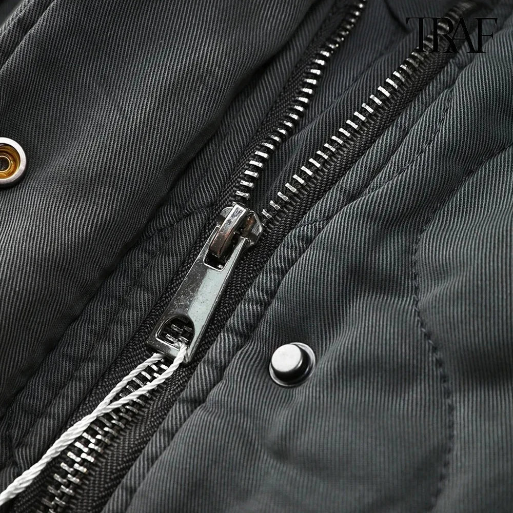 TRAF Women’s Quilted Aviator Jacket – Solid Color Round Collar Long Sleeve Casual Coat