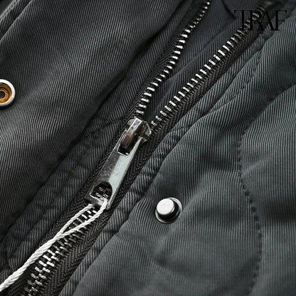 TRAF Women’s Quilted Aviator Jacket – Solid Color Round Collar Long Sleeve Casual Coat