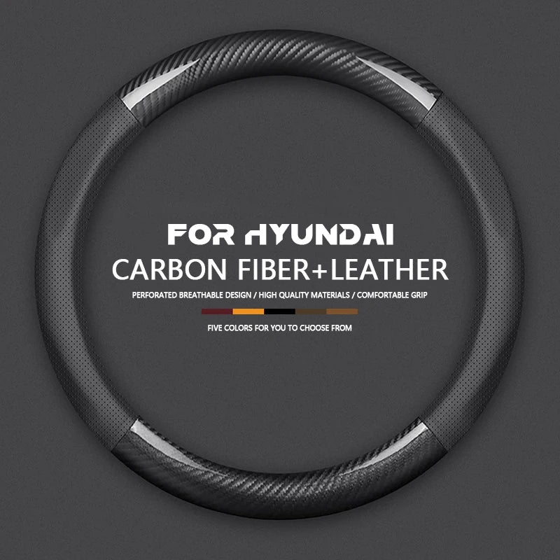 Hyundai Carbon-Fiber Leather Steering Wheel Cover — Fits i20/i30/i40/ix25/ix35/ix55/Elantra/Tucson/Sonata/Solaris/Palisade/Nexo