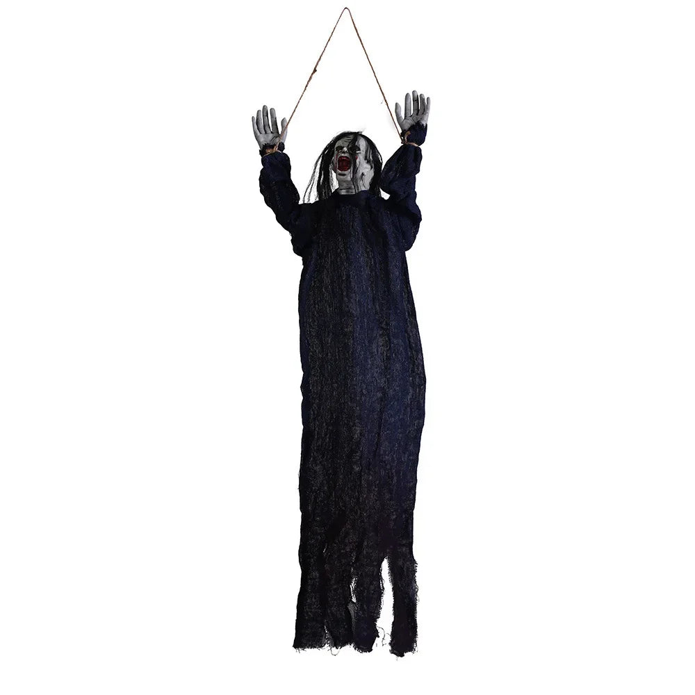Halloween Hanging Ghost Decoration — Movable Skeleton Horror Prop with Long Hair for Haunted House and Bar 2025