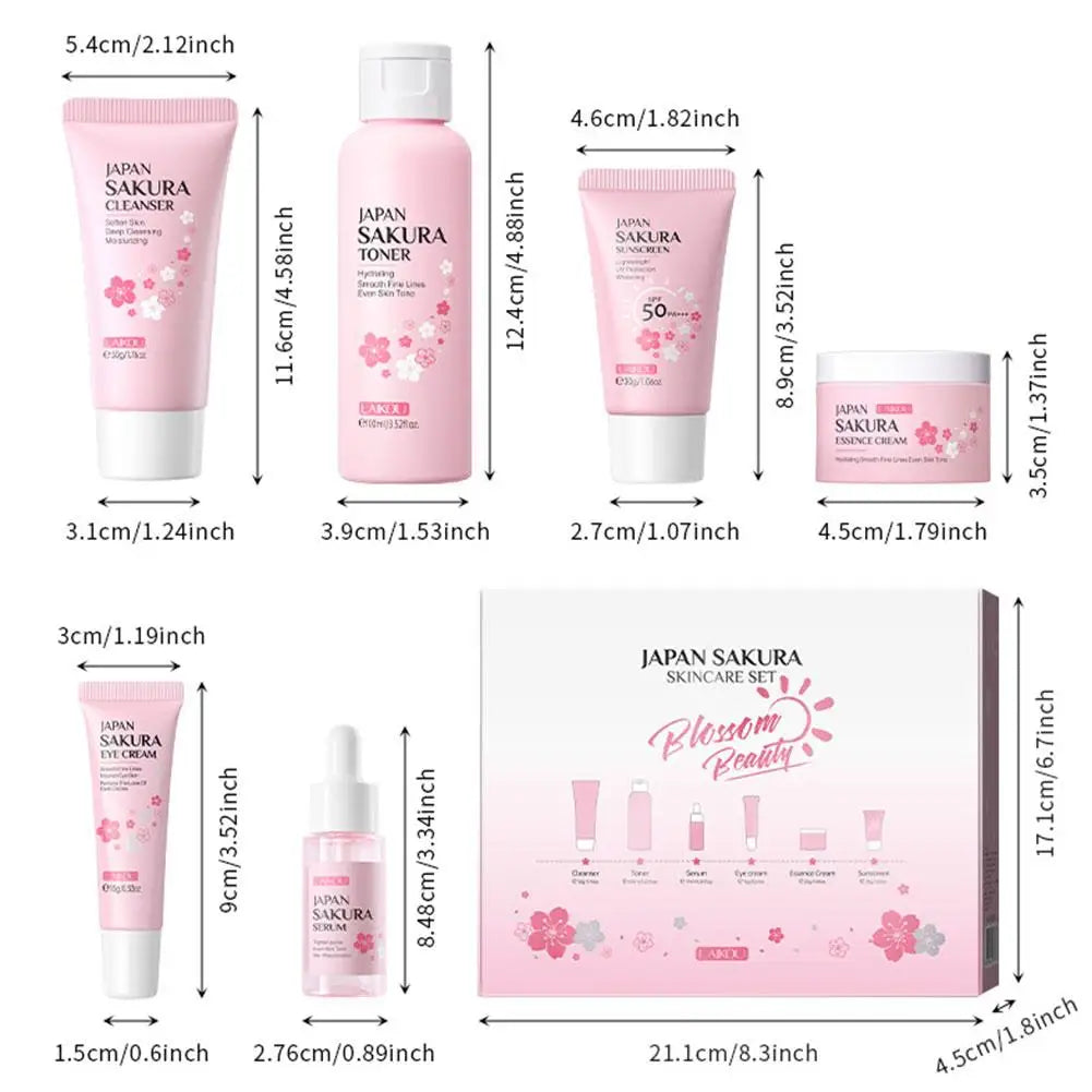 6PCS Sakura Skincare Set – Face Cream, Serum, Toner, Cleanser, Sunscreen & Eye Cream in Gift Box