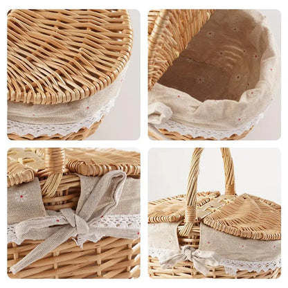 Handmade Wicker Picnic Basket with Handle – Multi-Purpose Willow Woven Storage Hamper for Outdoor Camping and Fruit
