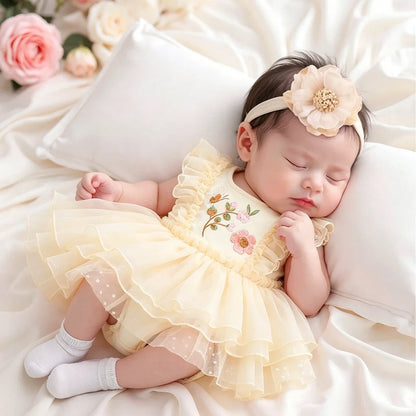 Newborn Baby Girl Floral Tutu Romper Set - Butterfly Embroidery Bodysuit with Flower Headband