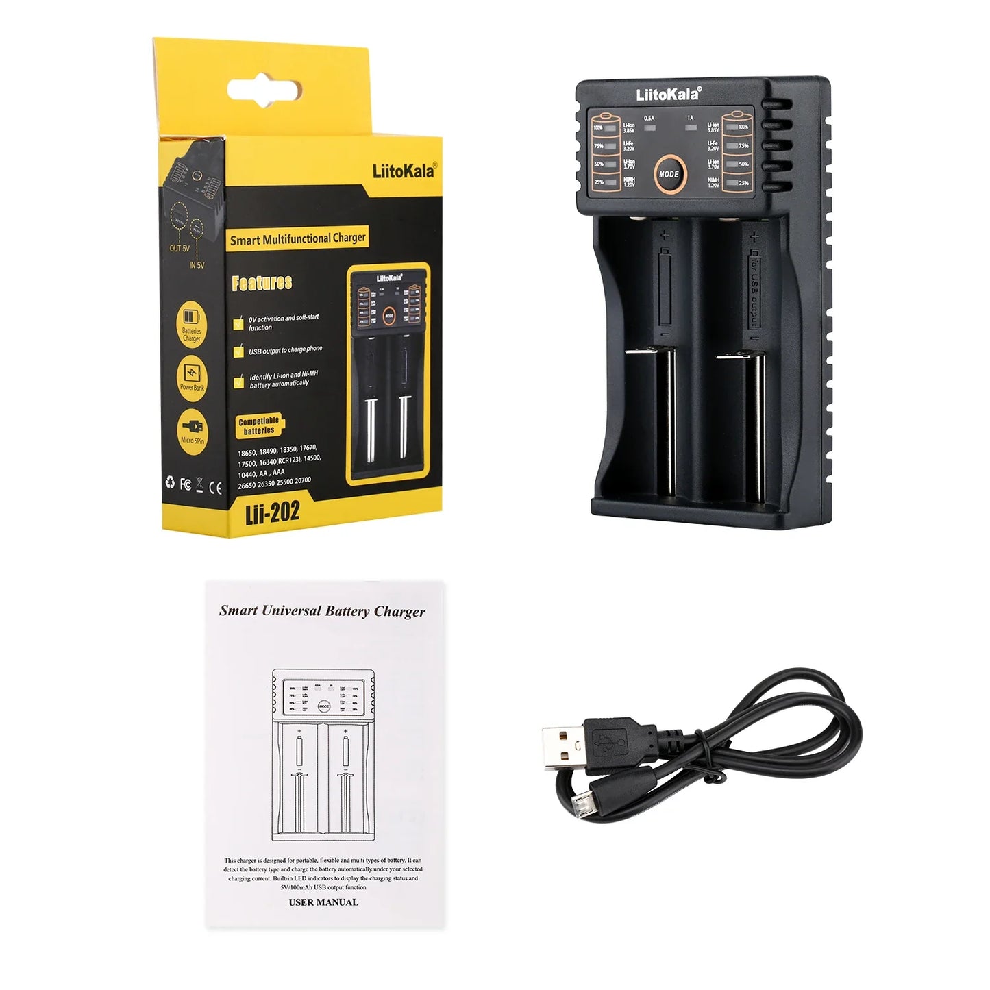 LiitoKala Lii-202 Battery Charger – Multi-Voltage 1.2V/3.7V Charging for 18650, 21700, 20700, 26650, 14500, 16340 NiMH & Li-Ion Batteries
