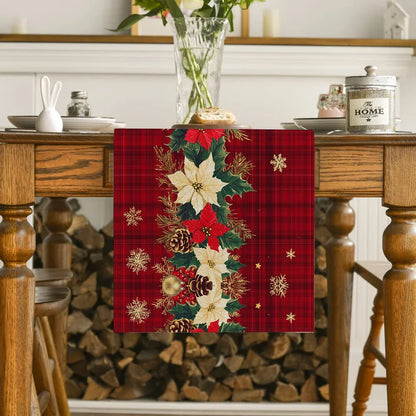 Christmas Poinsettia Table Runner - Holly Snowflake Holiday Dining Decor for Kitchen, Coffee Table & Party Settings
