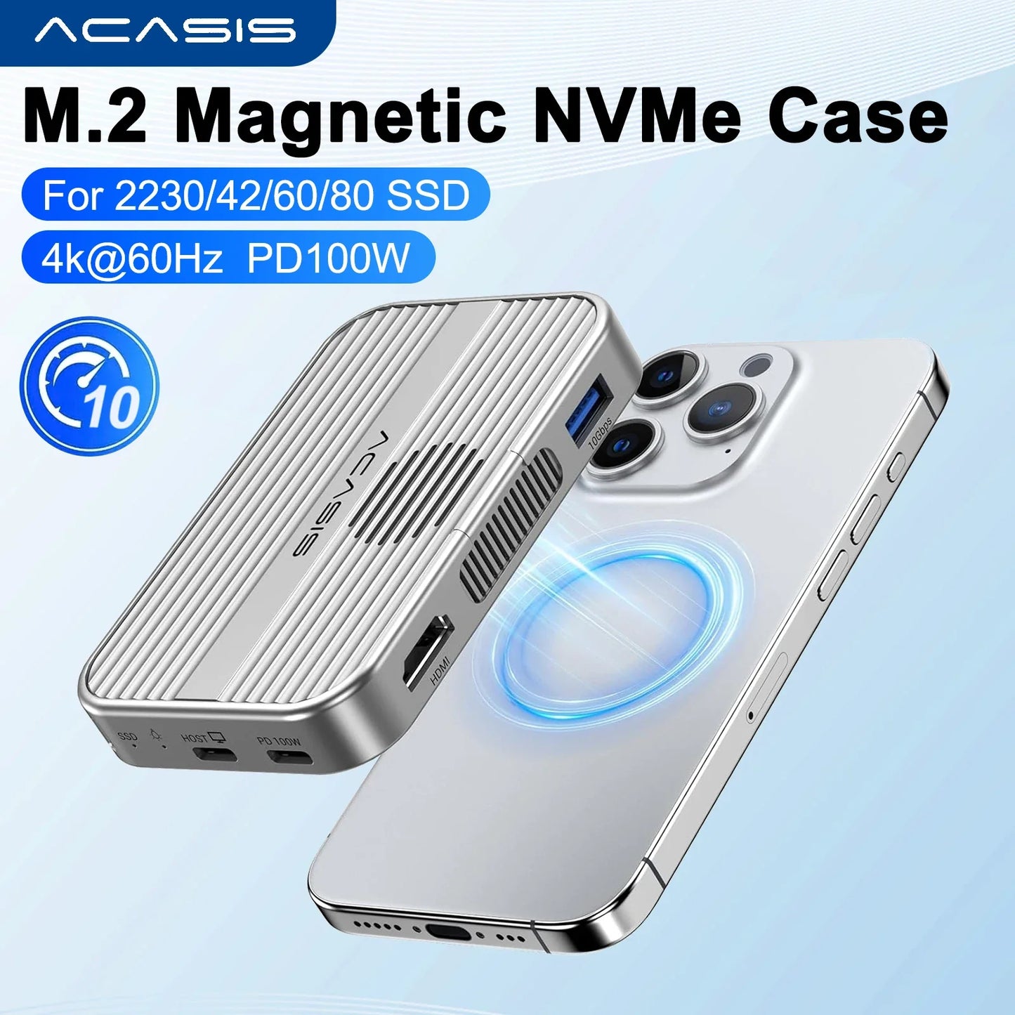 Acasis Magnetic M.2 NVMe SSD Enclosure - 10Gbps USB-C Docking Station with HDMI 4K60Hz, SD/TF & PD 100W Support