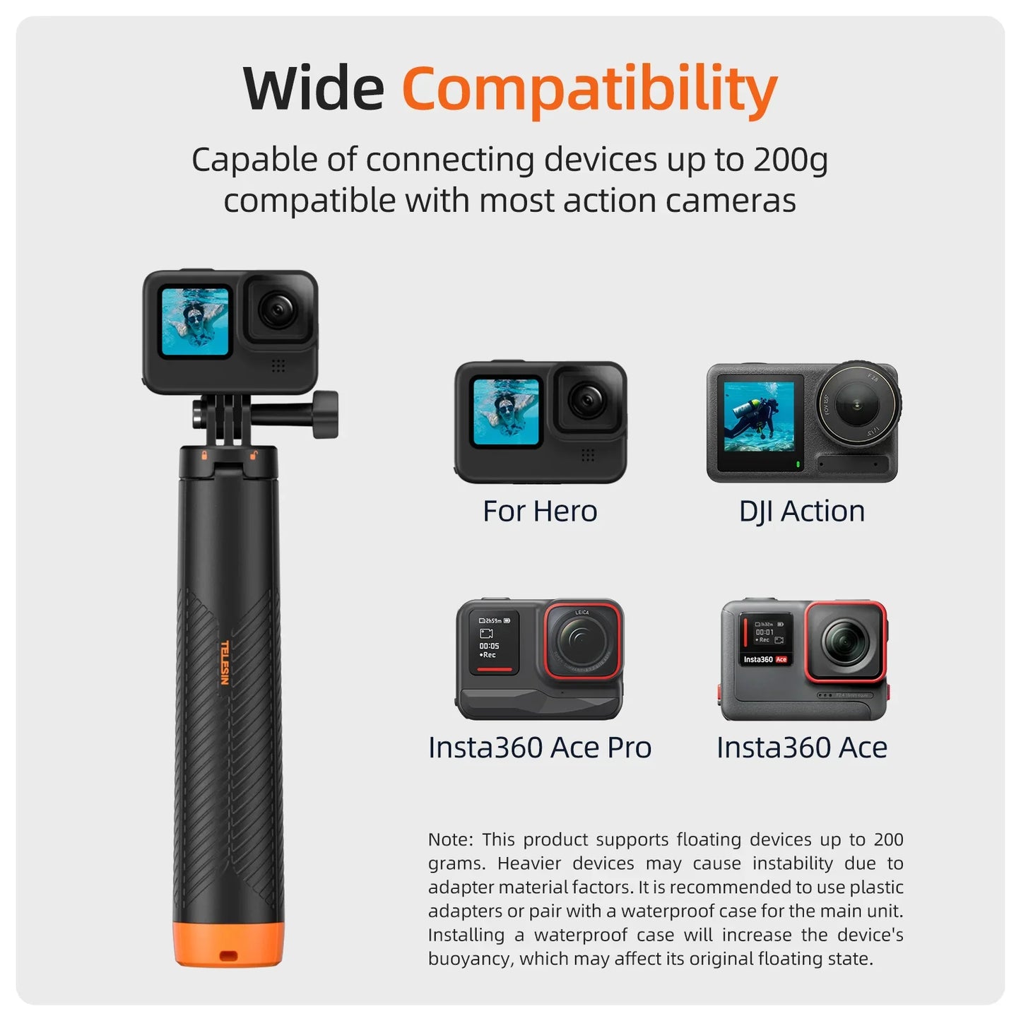 TELESIN Floating Underwater Selfie Stick Tripod – Extendable Buoyancy Pole for GoPro, Insta360, DJI Osmo Action Cameras