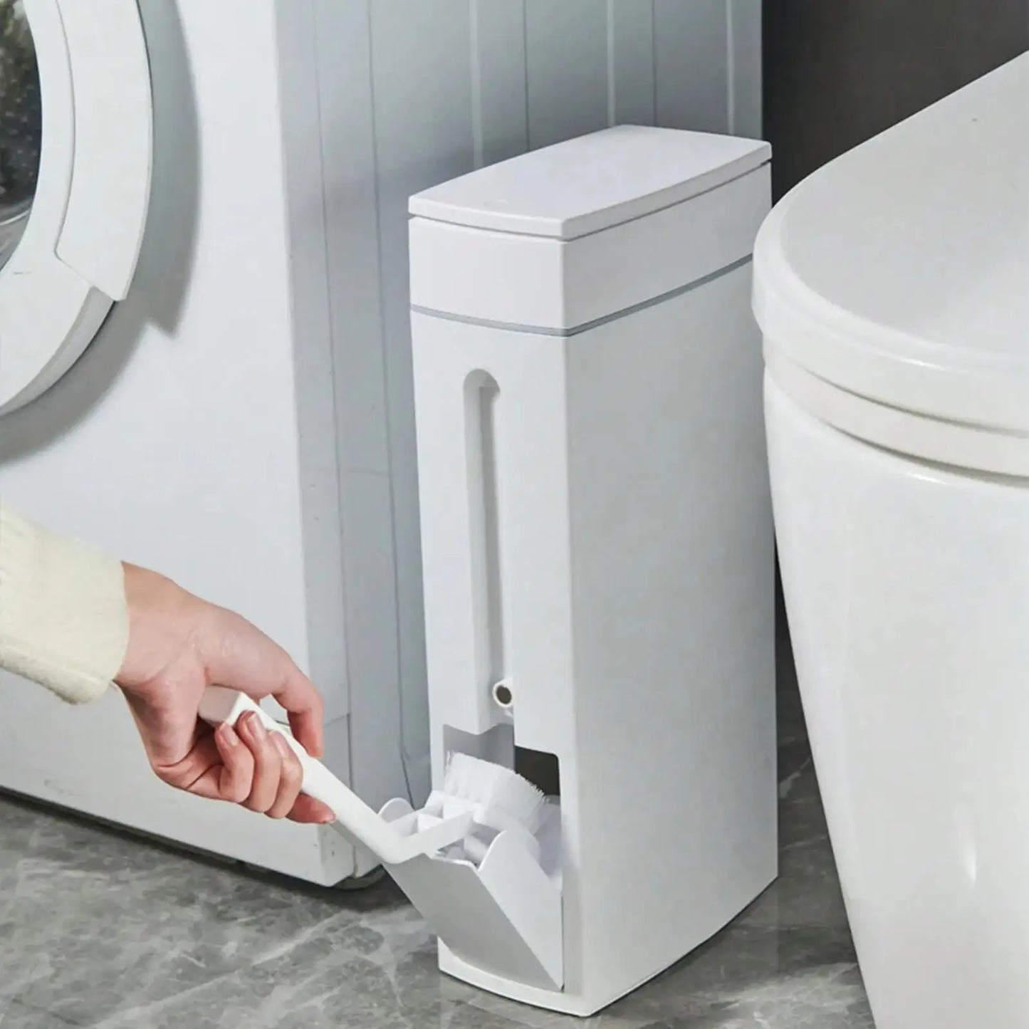Bathroom Trash Can & Toilet Brush Combo - Space-Saving Slim Garbage Bin with Lid