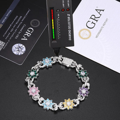New Iced Out Moissanite Chain Necklace & Colorful Flower Bracelet – Hip Hop S925 Silver, 18K Plated Jewelry for Men & Women