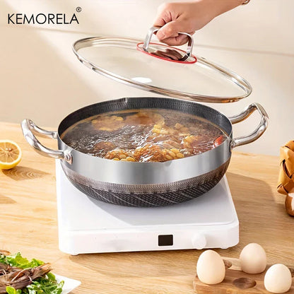 Stainless Steel Frying & Soup Pot Combo - Non-Stick Honeycomb Bottom with Lid, Suitable for Induction & Gas Stoves, Available in 26cm, 28cm, 30cm