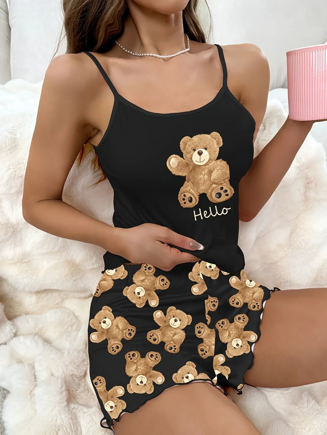 Women’s Love Bear Pajama Set - Cute Crop Top & Shorts Summer Loungewear Sleepwear Home Wear