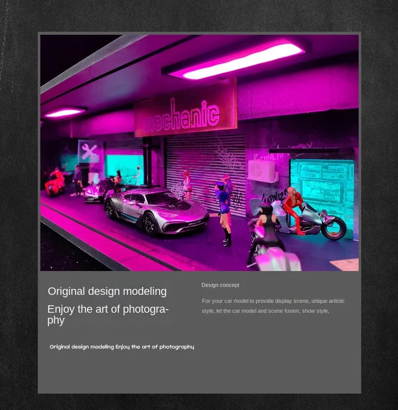 1:64 Scale Car Garage Diorama Model – LED Light Parking Lot DIY Set for Display & Gifts