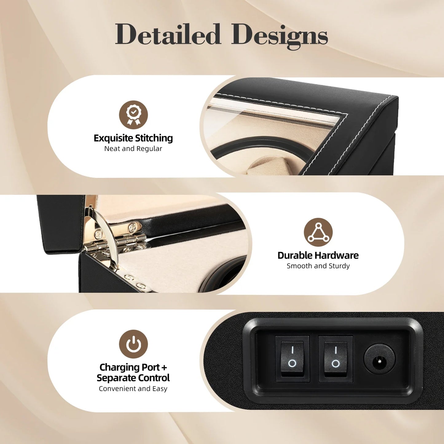 4+6 Slot Automatic Watch Winder – Leather & Wood Luxury Display Case with Pillow, Black/Brown