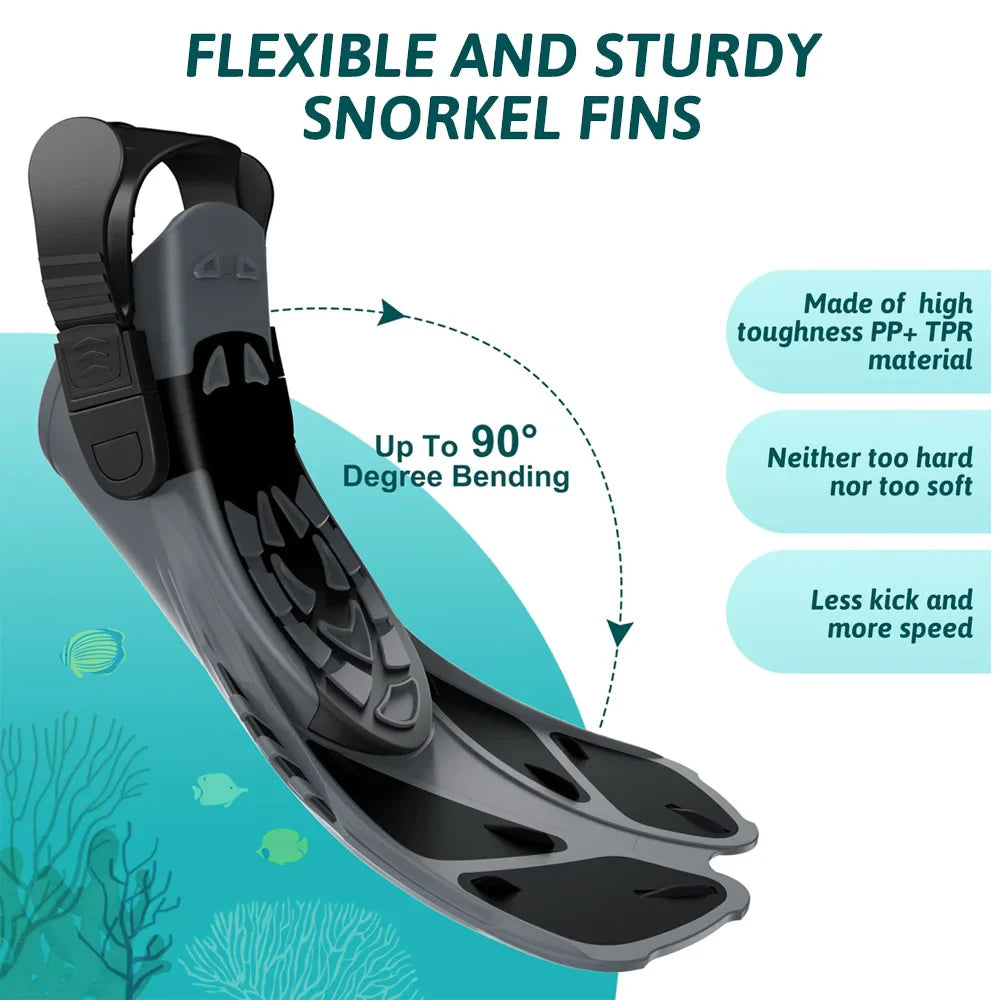 Adjustable Snorkel Fins with Buckles - Short Silicone Swimming Flippers for Men and Women, Open Heel Travel Size