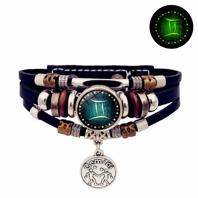 Starry Sky Zodiac Luminous Leather Bracelet - Multi-Layered Beaded Snap Closure for Men & Women, Friendship Bracelet