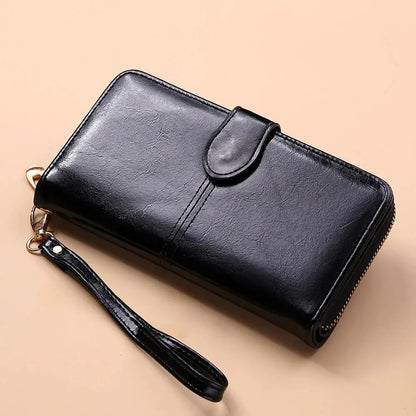 Women’s Vintage PU Leather Clutch Wallet — Large Capacity Phone Purse with Wristband, Simple Card Holder Pouch Bag