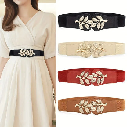 Women’s Wide Waist Belt – Gold Leaf Elastic with Double Hook Buckle, Fashionable Skirt Accessory