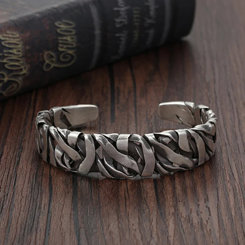 925 Sterling Silver Bracelet Bangle - Punk Wide Irregular Geometric Design, Fashion Jewelry Gift for Women and Men