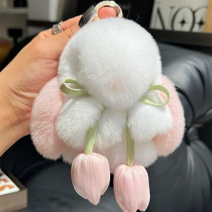Cute Real Rex Rabbit Fur Keychain – Mini Bunny Pendant Bag Charm & Car Key Ring Plush Toy Gift for Women