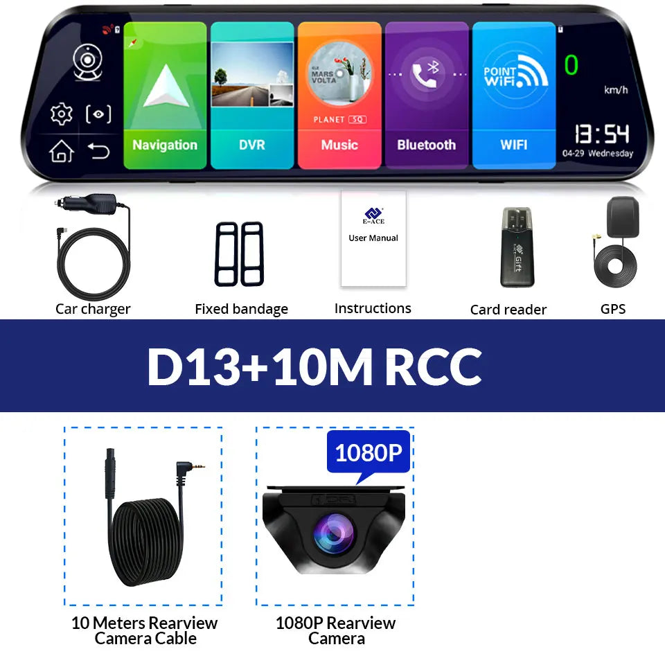 E-ACE 10'' 4G Android Dash Cam – FHD 1080P Dual Lens Rearview Mirror DVR with ADAS & Streaming