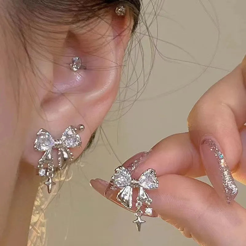 Y2K Bowknot Zircon Stud Earrings - Pink Crystal Silver-Tone Party Jewelry for Women