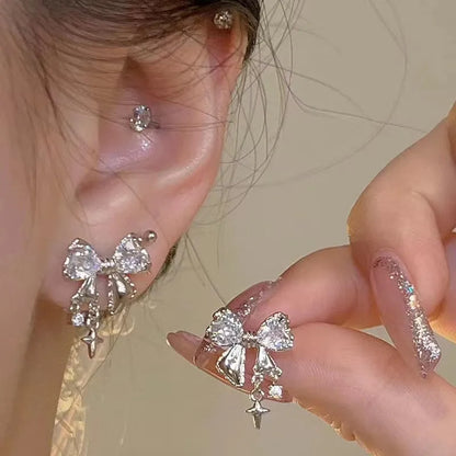 Y2K Bowknot Zircon Stud Earrings - Pink Crystal Silver-Tone Party Jewelry for Women