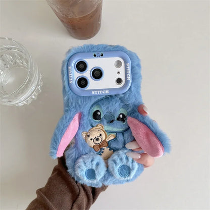 3D Cute Stitch Ear Plush Phone Case – Fluffy Shockproof Cover for iPhone 13–17 Pro Max & Plus
