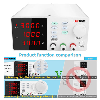 DC Programmable Power Supply — 30V 10A / 60V 5A / 120V Adjustable Laboratory Bench Source with 4-Set Memory Storage Functions