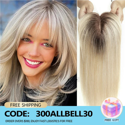 Brown Blonde Ombre Human Hair Toppers for Women – 10/12/14 Inches with Silk Base, Clips, and Bangs
