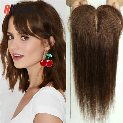 Brown Blonde Ombre Human Hair Toppers for Women – 10/12/14 Inches with Silk Base, Clips, and Bangs
