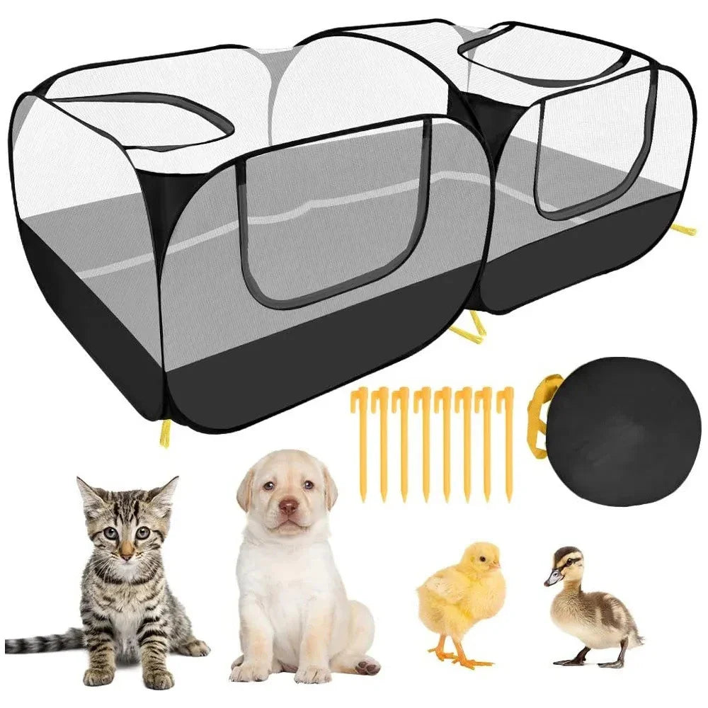 Portable Small Animal Playpen - Foldable Pet Cage with Transparent Mesh for Cats & Chickens