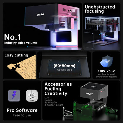 DAJA DJ6 Mini Portable Laser Engraver – DIY Bluetooth CNC Engraving Machine for Wood, Leather, Plastic, Paper & Metal Dog Tags, Logo Printing Tool