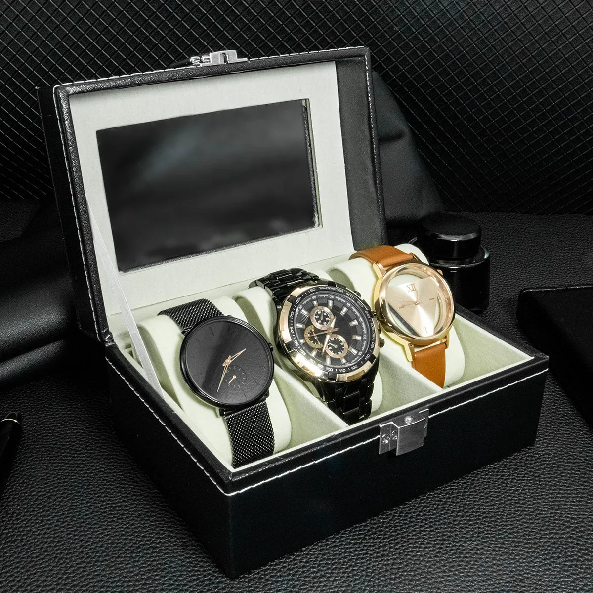 PU Leather Watch Display Box — Glass Top Storage Organizer with Slots for Men’s Watches, Perfect Gift